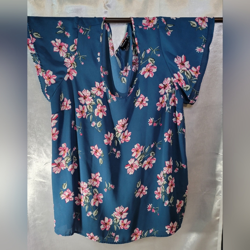 Torrid Teal Blouse with Pink Floral Pattern